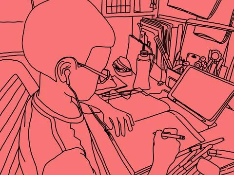 Freehand sketch boy study video conferencing with iPad at home. Learning at home Stock Illustration