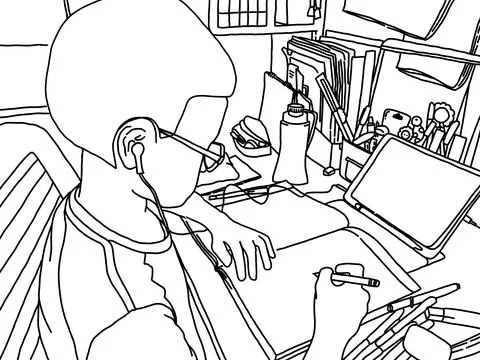 Freehand sketch boy study video conferencing with iPad at home. Learning at home Stock Illustration