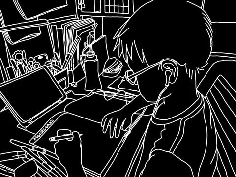 Freehand sketch boy study video conferencing with iPad at home. Learning at home Stock Illustration