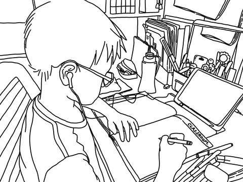 Freehand sketch boy study video conferencing with iPad at home. Learning at home Stock Illustration