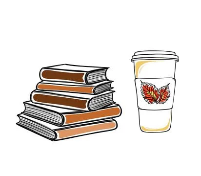 Freehand sketch stack of books and cup of coffee to go, sticker template Stock Illustration