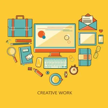 Freelance and remote creative work - vector illustration linear flat style color Illustrazione stock