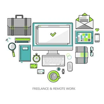 Freelance and remote work - vector illustration linear flat style color Illustrazione stock