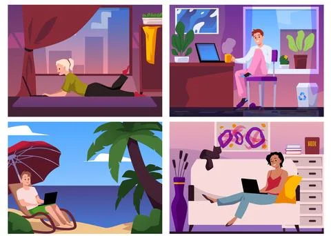 Freelance benefits, remote job vector illustrations set, freelancer people Stock Illustration
