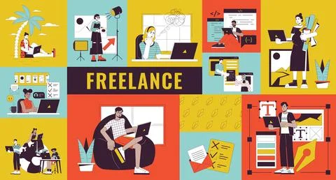 Freelance bento grid illustration set Stock Illustration