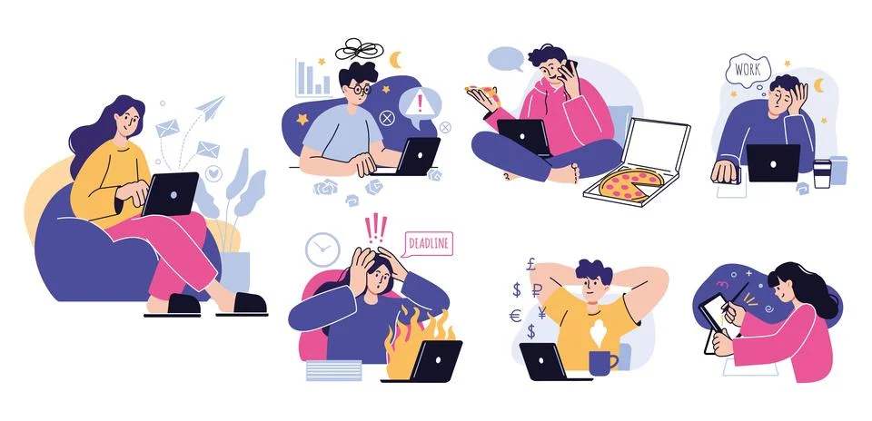 Freelance characters. Design work, computer or laptop, creative people at home Stockillustratie