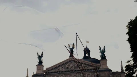 A freelance clown blowing hundreds of tiny, small and big bubbles at outdoor Stock Footage 104205628