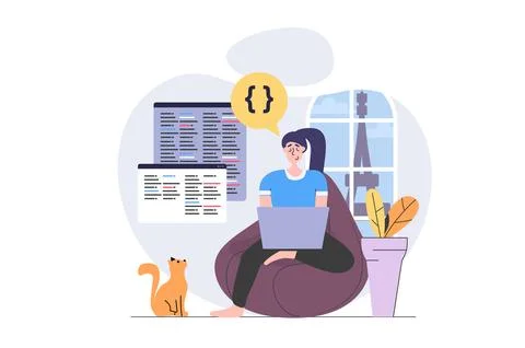 Freelance concept in modern flat design for web. Woman freelancer working onl Stock Illustration
