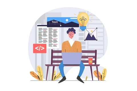 Freelance concept in modern flat design for web. Man freelancer working onlin Stock Illustration