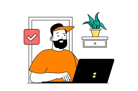 Freelance concept with people scene in flat web design. Man working at laptop Stock Illustration