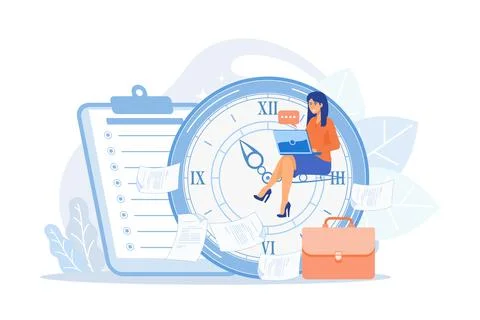 A freelance developer sitting on the clock hands with a laptop. Time manage.. Stock Illustration