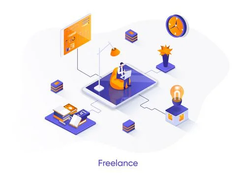 Freelance isometric web banner. Stock Illustration