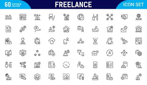 Freelance line icons set. Includes Freelancer, Work From Home, Productivity.. Stock Illustration