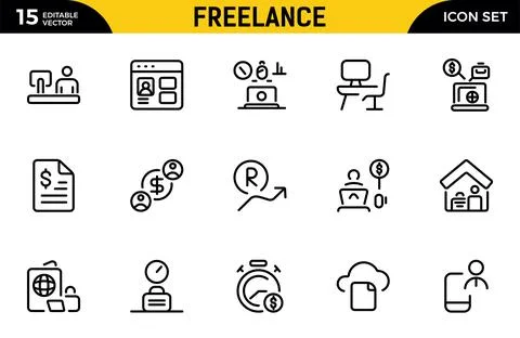 Freelance line icons set. Includes Freelancer, Work From Home, Productivity.. Illustrazione stock