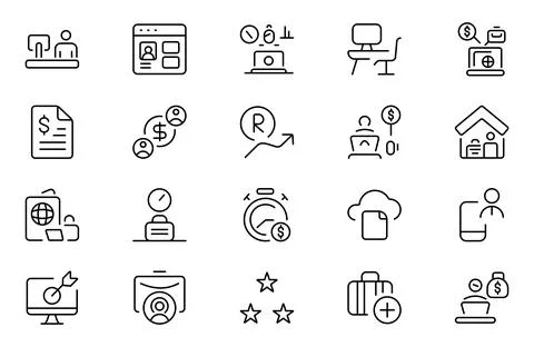Freelance line icons set. Includes Freelancer, Work From Home, Productivity.. Stock Illustration