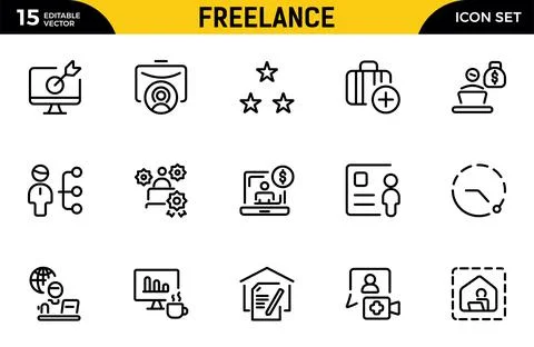 Freelance line icons set. Includes Freelancer, Work From Home, Productivity.. Stock Illustration