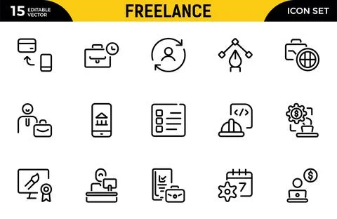 Freelance line icons set. Includes Freelancer, Work From Home, Productivity.. Stock Illustration