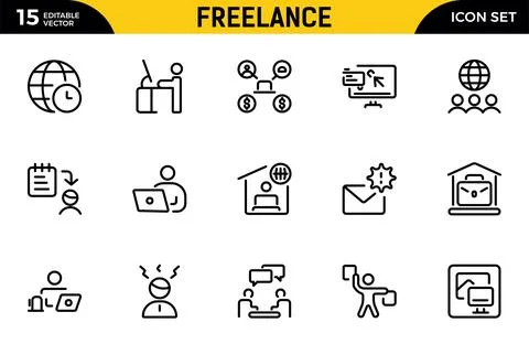 Freelance line icons set. Includes Freelancer, Work From Home, Productivity.. Stock Illustration