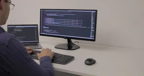 Freelance Man Design Web Software. Closeup Coding On Screen, Hands Type Video stock 243839005