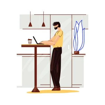 Freelance man work in comfortable cozy home office in kitchen vector flat Stock Illustration