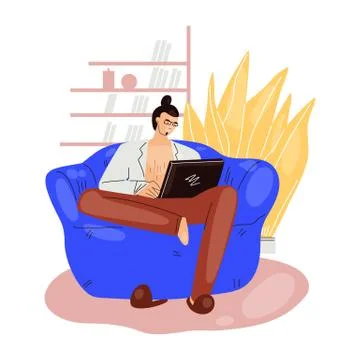 Freelance man work in comfortable cozy home office in armchair sofa vector flat Stock Illustration