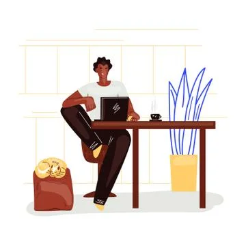 Freelance man work in comfortable cozy home office in kitchen vector flat Stock Illustration