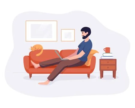 Freelance man work from home comfortable space on sofa with computer flat style Stock Illustration