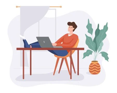 Freelance man work from home comfortable space at table with computer flat style Stock Illustration