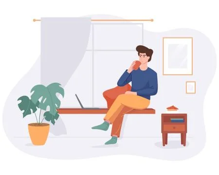 Freelance man work from home comfortable space at windowsill with computer in Stock Illustration
