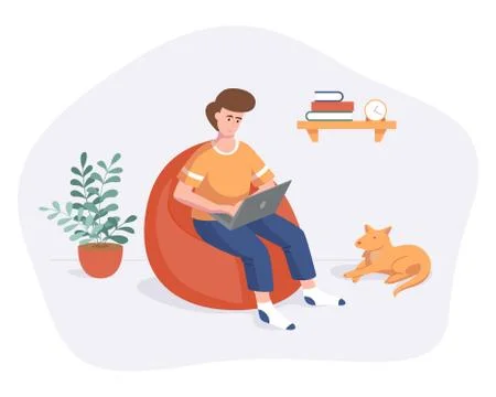 Freelance man work from home comfortable space on chair with computer flat style Stock Illustration