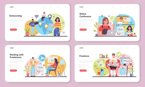 Freelance or outsoursing web banner or landing page set. People working remotely Stock Illustration