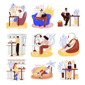 Freelance people work in comfortable cozy place set vector flat illustration Stock Illustration