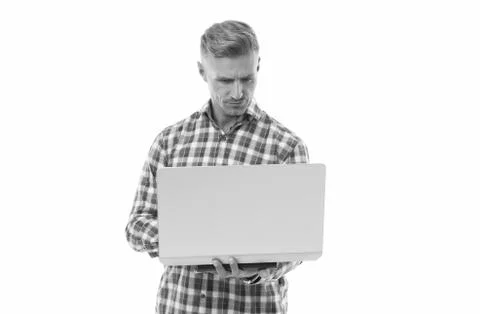 Freelance programmer. Computer user isolated on white. Handsome man use computer 스톡 사진