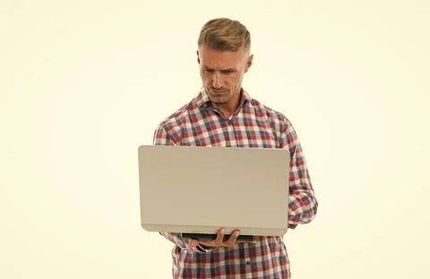 Freelance programmer. Computer user isolated on white. Handsome man use computer 스톡 사진