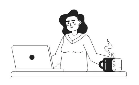 Freelance programmer with laptop and cup monochromatic flat vector character Stock Illustration
