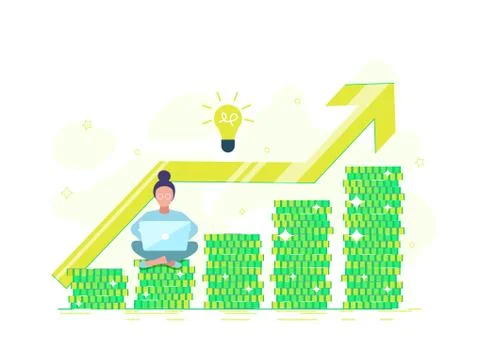 Freelance, a programmer makes money. Office businesswoman on a pile of coin s Stock Illustration