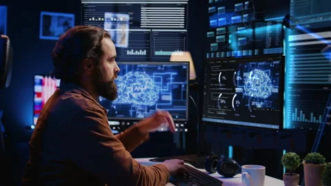 Freelance programmer using computer, interacting with artificial intelligence Stock Footage 280123646