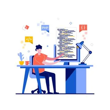 Freelance programming concept with character. Companies with professional i.. Illustrazione stock