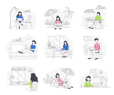 Freelance Remote Work with Man and Woman Sitting at Laptop at Home Outline 스톡 일러스트