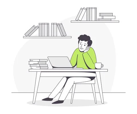 Freelance Remote Work with Young Man Sitting at Laptop at Home Vector 스톡 일러스트