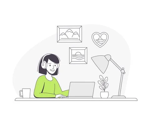 Freelance Remote Work with Young Smiling Woman Sitting at Table with Laptop and Stock Illustration