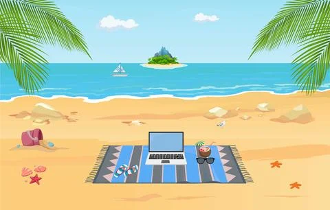 Freelance Remote Working Place Using Laptop Beach Summer Vacation Tropical .. Stock Illustration