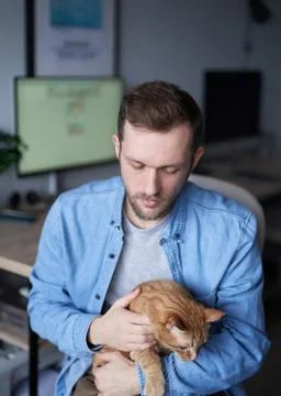 Freelance software developer in home office holding cat Stock Photos