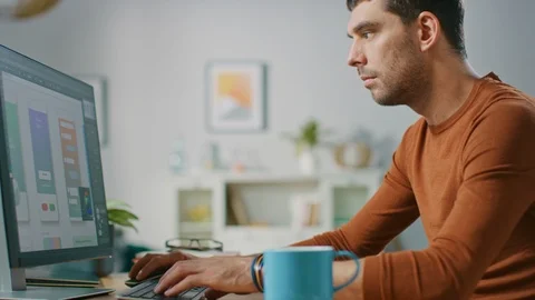 Freelance Software Engineer Developer Uses Personal Computer, Working on a UI Stock Footage