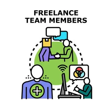 Freelance team members collaborating remotely creating digital content Stock Illustration