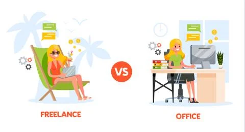 Freelance vs. office work concept. Woman sitting Stock Illustration