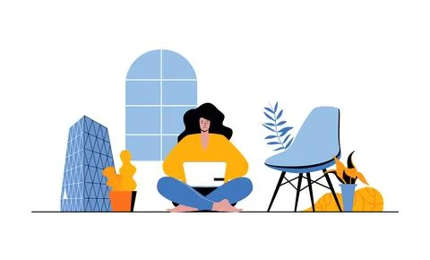Freelance web concept with people in flat cartoon design. Woman working at la Stock Illustration