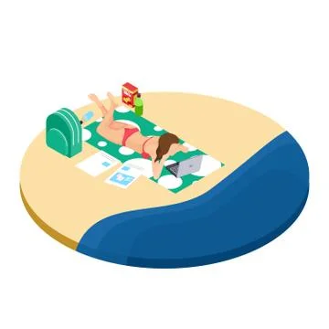 Freelance work on the beach isometric concept - girl with laptop, drinks and Stock Illustration