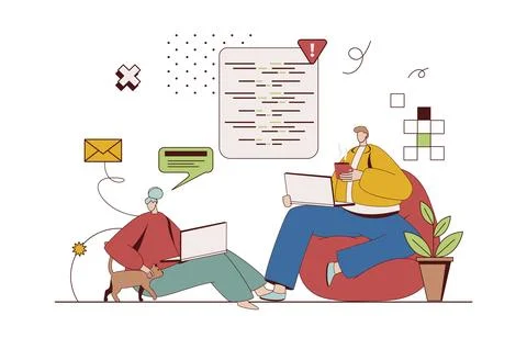 Freelance work concept with character situation in flat design. Woman and m.. Stock Illustration