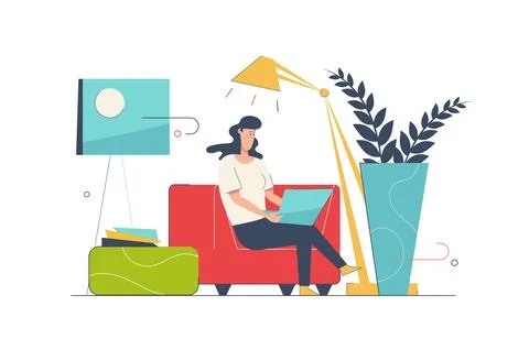 Freelance work concept with people scene in flat cartoon design. Woman workin Stock Illustration